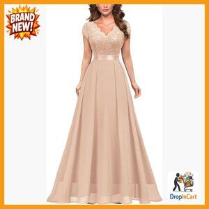 Elegant V-Neck Maxi Dress Sequined Lace Formal Party Wear A-Line Silhouette